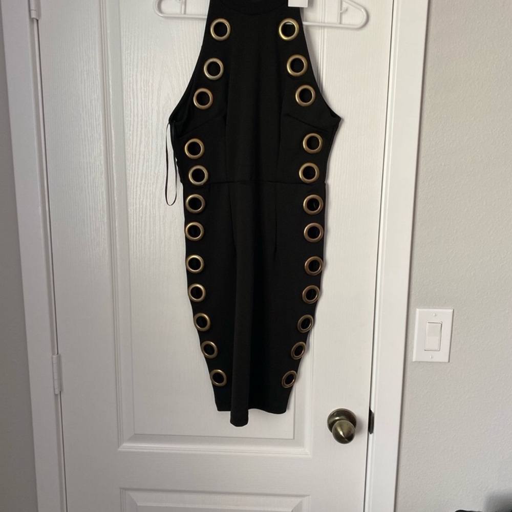 Black Mini Dress with Gold Eyelet Trim